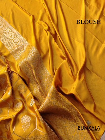Mustard Yellow Soft Mashru Silk Unique Jaal Pattern Weaved Banarasi Saree