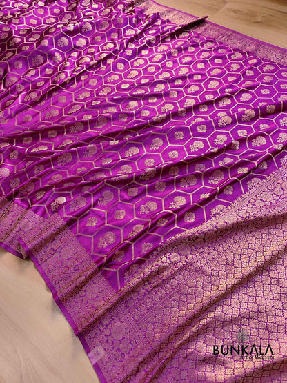 Purple Soft Mashru Silk Unique Jaal Pattern Weaved Banarasi Saree