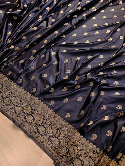 Jet Black Soft Mashru Silk Allover Small Buti Weaved Banarasi Saree