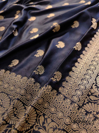 Jet Black Soft Mashru Silk Allover Small Buti Weaved Banarasi Saree