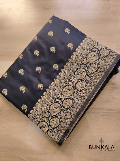 Jet Black Soft Mashru Silk Allover Small Buti Weaved Banarasi Saree