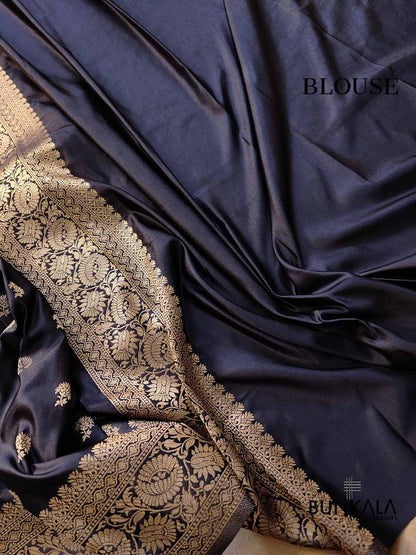 Jet Black Soft Mashru Silk Allover Small Buti Weaved Banarasi Saree