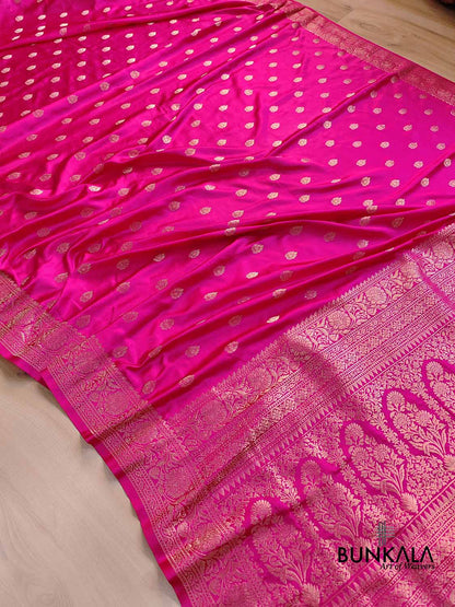Hot Pink Soft Mashru Silk Allover Small Buti Weaved Banarasi Saree