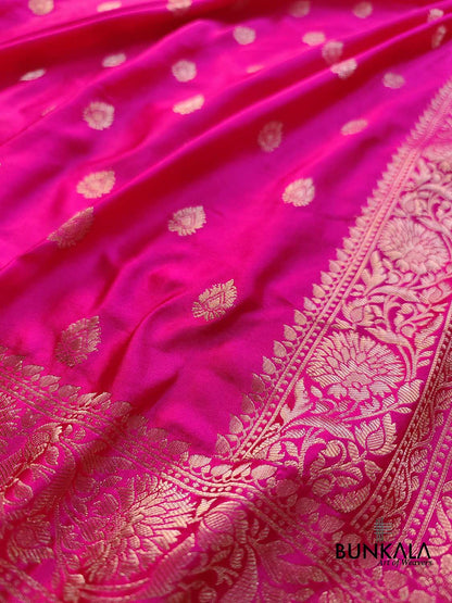 Hot Pink Soft Mashru Silk Allover Small Buti Weaved Banarasi Saree
