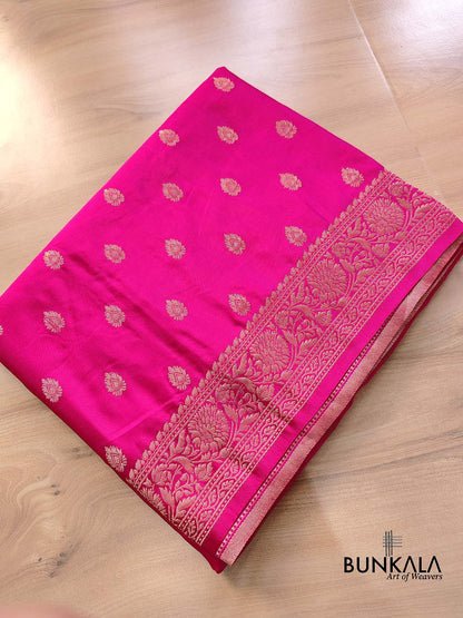 Hot Pink Soft Mashru Silk Allover Small Buti Weaved Banarasi Saree