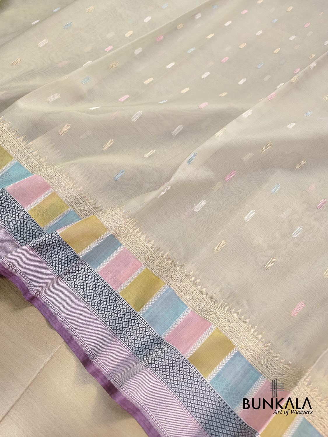 Pastel Multi Kadwa Handweaved Banarasi Pure Organza Silk Saree