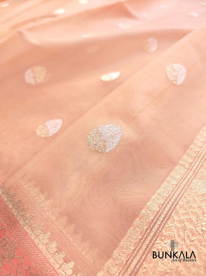 Peach Kadwa Buta Handweaved Banarasi Pure Organza Silk Saree