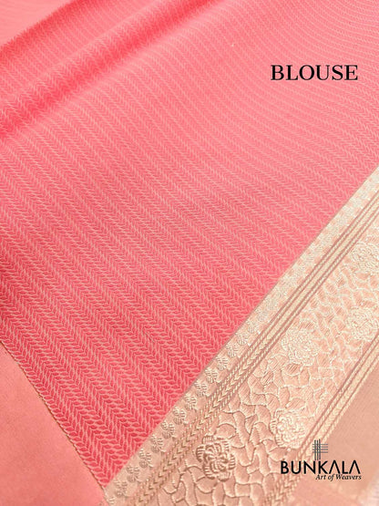 Peach Kadwa Buta Handweaved Banarasi Pure Organza Silk Saree