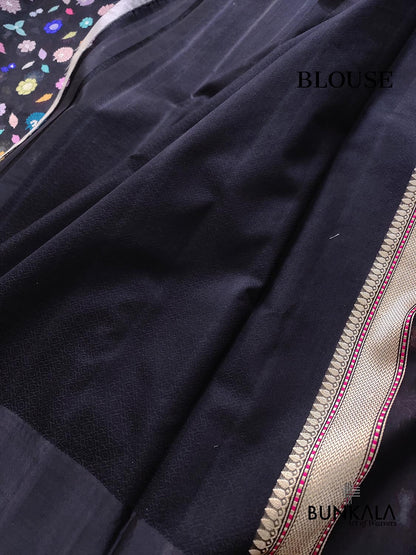 Black Floral Kadwa Handweaved Banarasi Pure Organza Silk Saree