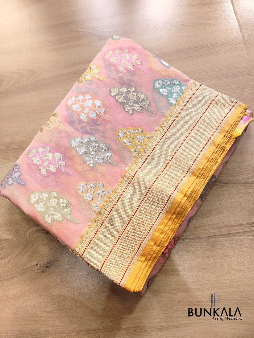 Shop Peach Rangkaat Buta Banarasi Pure Organza Silk Saree – BUNKALA