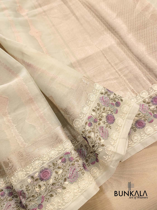 Pista Green Stripe Banarasi Embroidered Border Organza Saree
