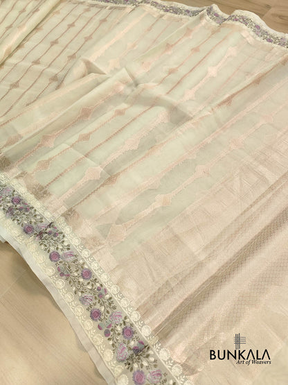 Pista Green Stripe Banarasi Embroidered Border Organza Saree