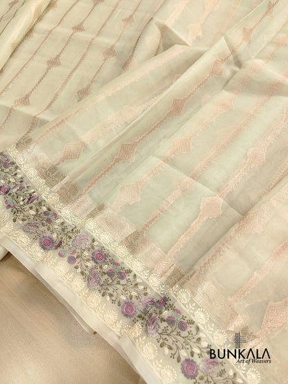 Pista Green Stripe Banarasi Embroidered Border Organza Saree
