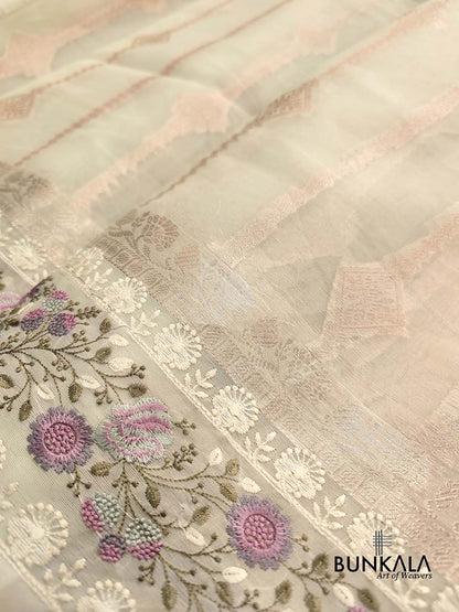 Pista Green Stripe Banarasi Embroidered Border Organza Saree