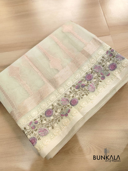 Pista Green Stripe Banarasi Embroidered Border Organza Saree