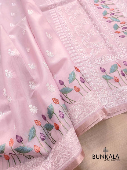 Baby Pink Floral Pichwai Design Embroidered Organza Saree