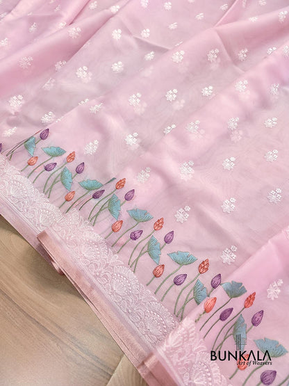 Baby Pink Floral Pichwai Design Embroidered Organza Saree
