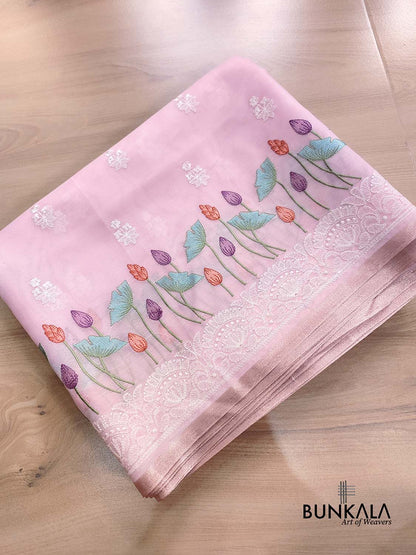 Baby Pink Floral Pichwai Design Embroidered Organza Saree