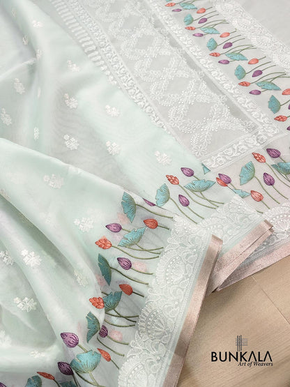 Pastel Blue Floral Pichwai Design Embroidered Organza Saree