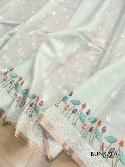 Pastel Blue Floral Pichwai Design Embroidered Organza Saree