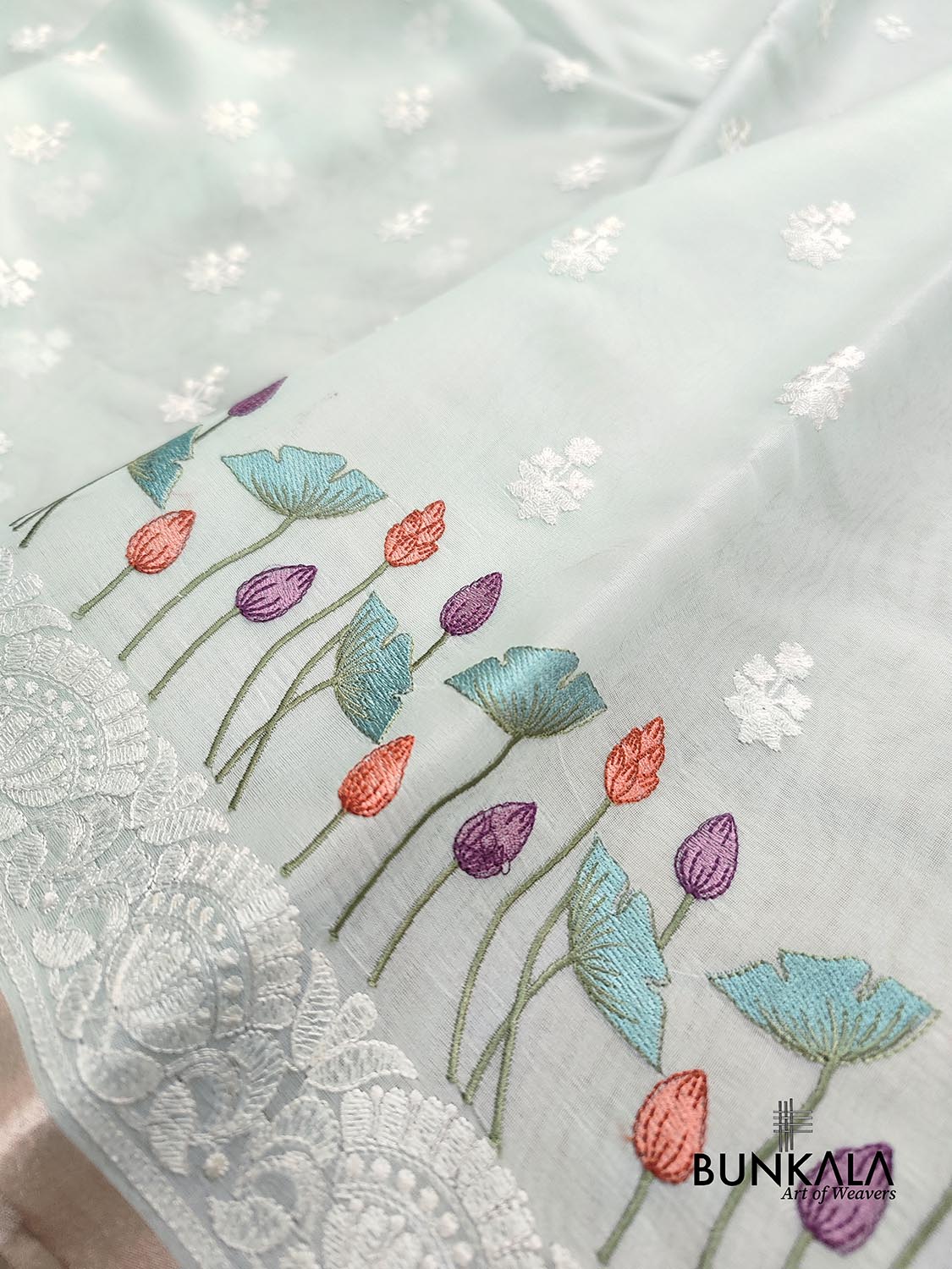 Pastel Blue Floral Pichwai Design Embroidered Organza Saree