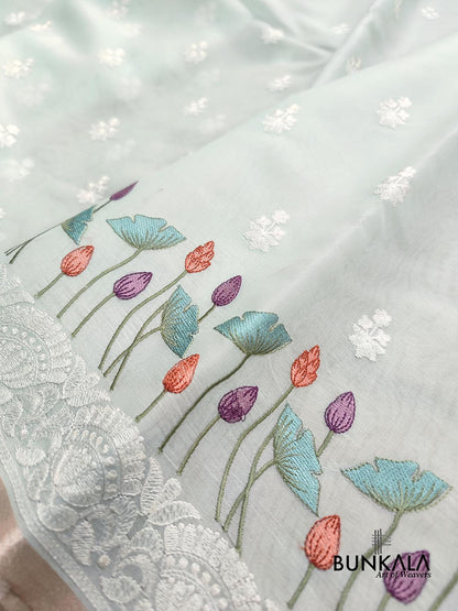 Pastel Blue Floral Pichwai Design Embroidered Organza Saree
