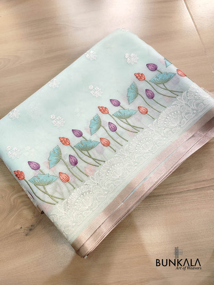 Pastel Blue Floral Pichwai Design Embroidered Organza Saree
