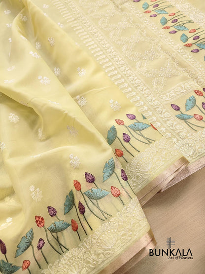 Pastel Yellow Floral Pichwai Design Embroidered Organza Saree