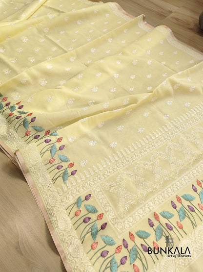 Pastel Yellow Floral Pichwai Design Embroidered Organza Saree