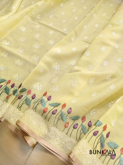 Pastel Yellow Floral Pichwai Design Embroidered Organza Saree