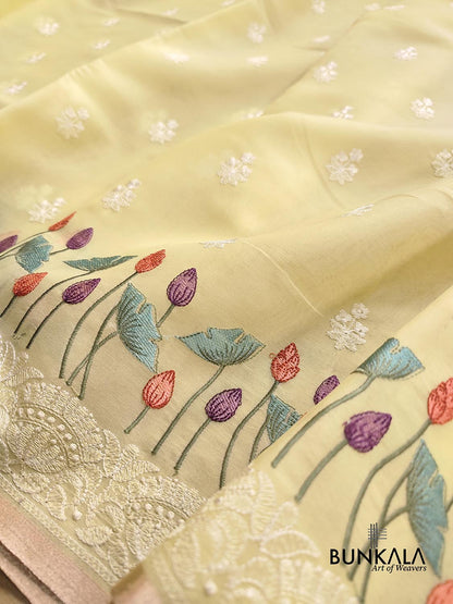 Pastel Yellow Floral Pichwai Design Embroidered Organza Saree