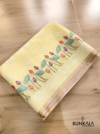 Pastel Yellow Floral Pichwai Design Embroidered Organza Saree