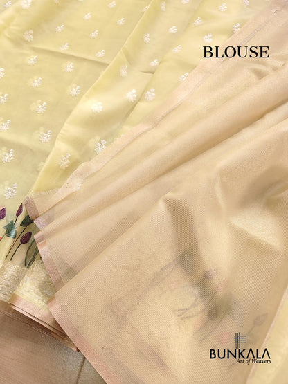 Pastel Yellow Floral Pichwai Design Embroidered Organza Saree