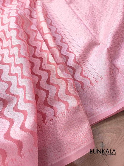 Peach Resham Work Allover Zig Zag Pattern Banarasi Cotton Saree