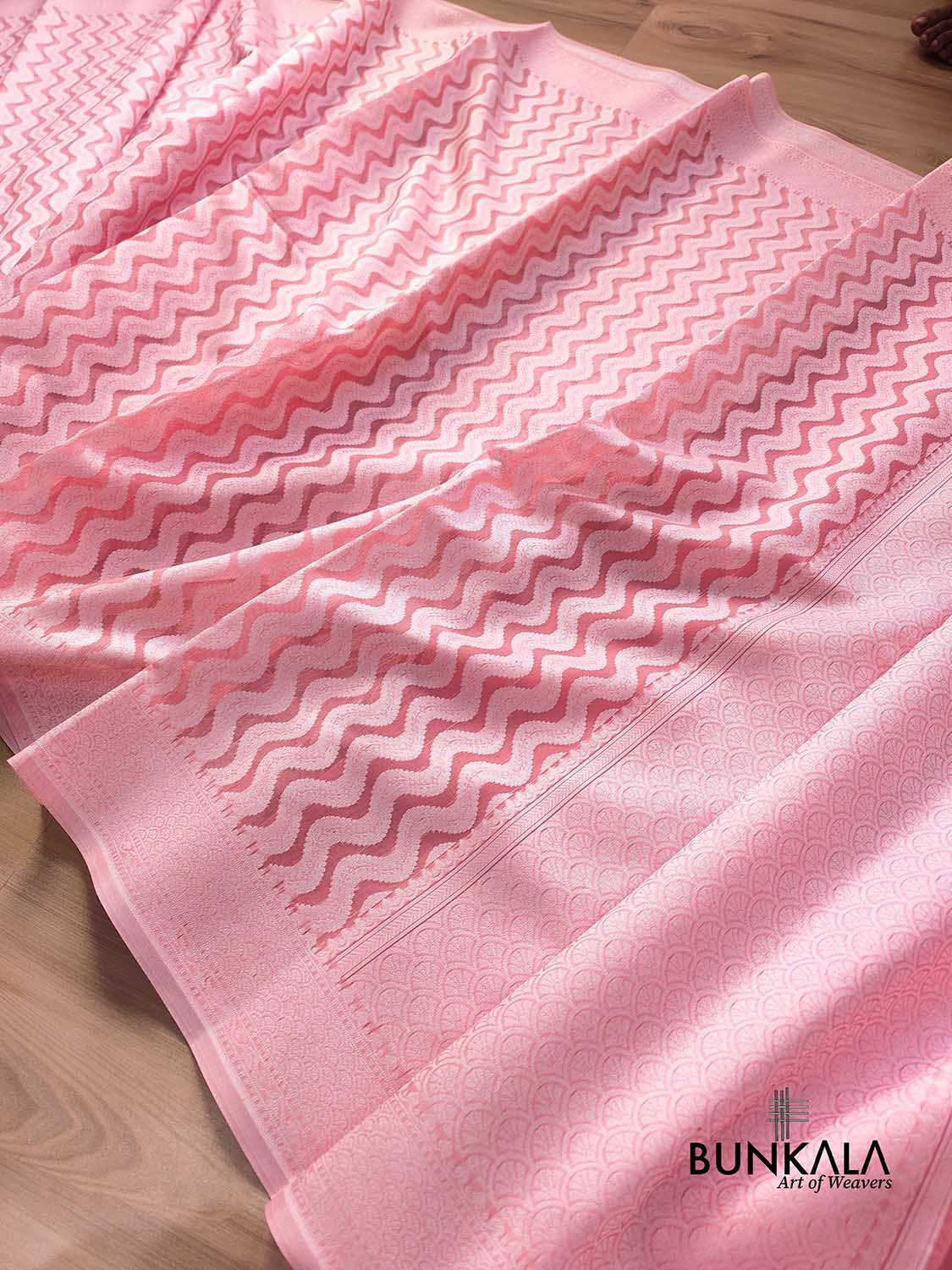 Peach Resham Work Allover Zig Zag Pattern Banarasi Cotton Saree