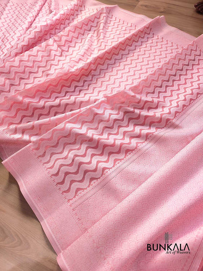 Peach Resham Work Allover Zig Zag Pattern Banarasi Cotton Saree