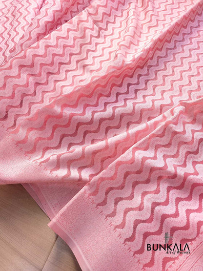 Peach Resham Work Allover Zig Zag Pattern Banarasi Cotton Saree