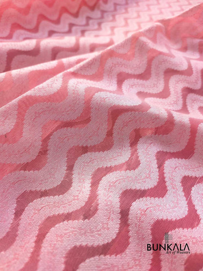 Peach Resham Work Allover Zig Zag Pattern Banarasi Cotton Saree