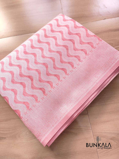 Peach Resham Work Allover Zig Zag Pattern Banarasi Cotton Saree