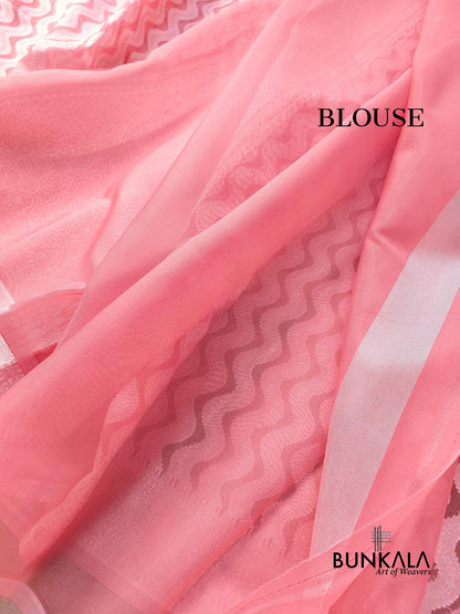 Peach Resham Work Allover Zig Zag Pattern Banarasi Cotton Saree