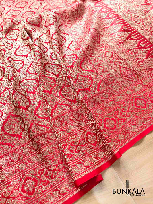 Bridal Red Brocade Weaved Banarasi Mashru Silk Saree