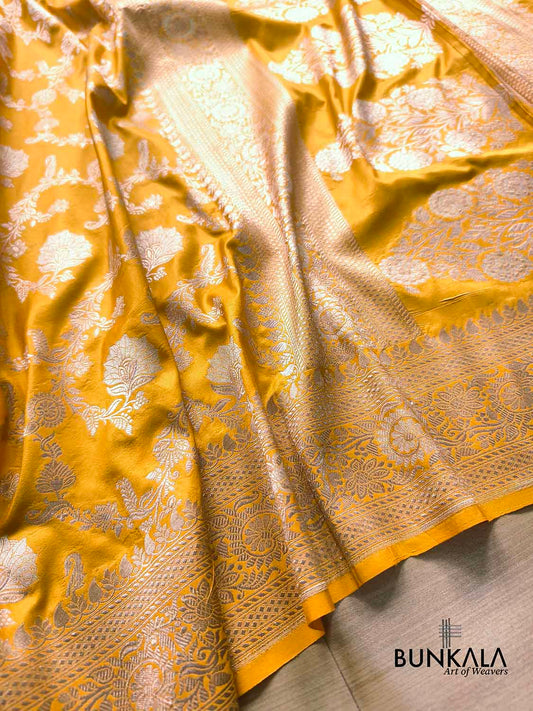 Haldi Yellow Sona Rupa Floral Jaal Handloom Banarasi Pure Katan Silk Saree