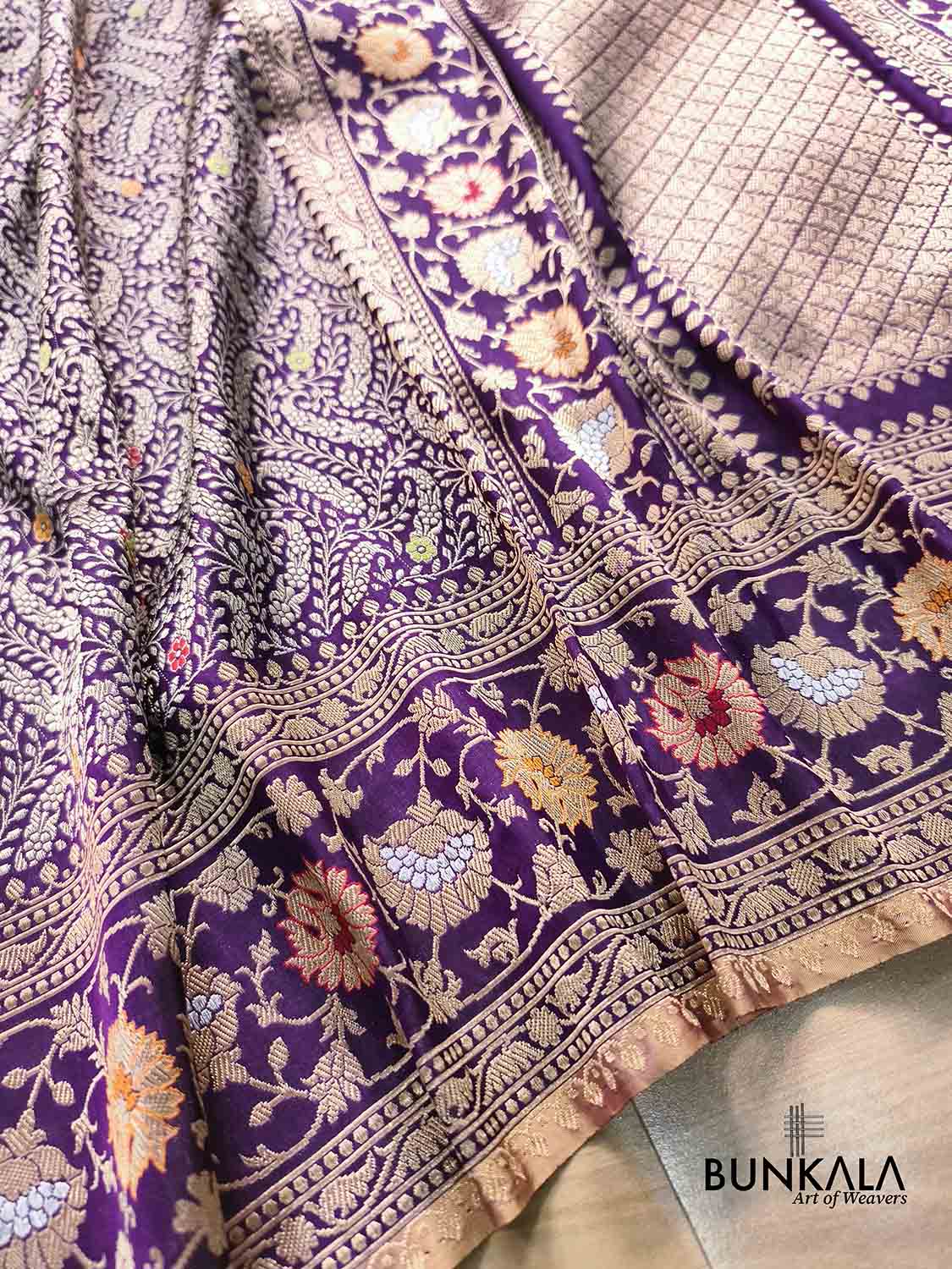 Purple Paisley Leaf Jaal Meenakari Kadwa Handweaved Sona Rupa Banarasi Pure Katan Silk Saree