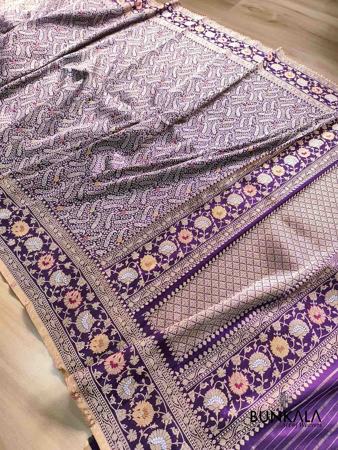 Purple Paisley Leaf Jaal Meenakari Kadwa Handweaved Sona Rupa Banarasi Pure Katan Silk Saree