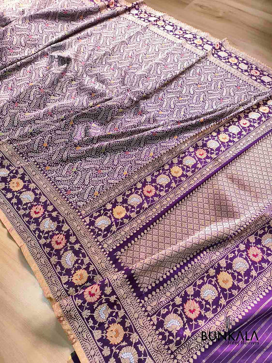 Purple Paisley Leaf Jaal Meenakari Kadwa Handweaved Sona Rupa Banarasi Pure Katan Silk Saree