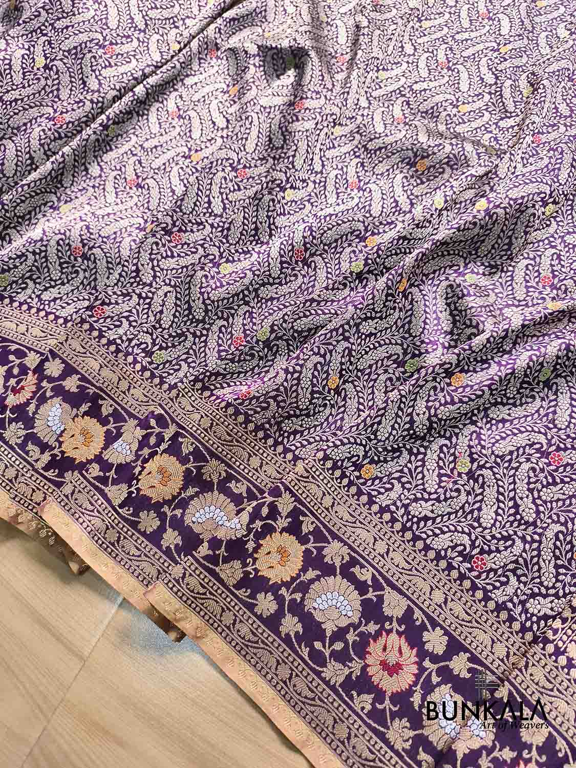 Purple Paisley Leaf Jaal Meenakari Kadwa Handweaved Sona Rupa Banarasi Pure Katan Silk Saree