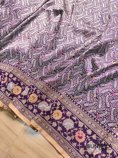 Purple Paisley Leaf Jaal Meenakari Kadwa Handweaved Sona Rupa Banarasi Pure Katan Silk Saree