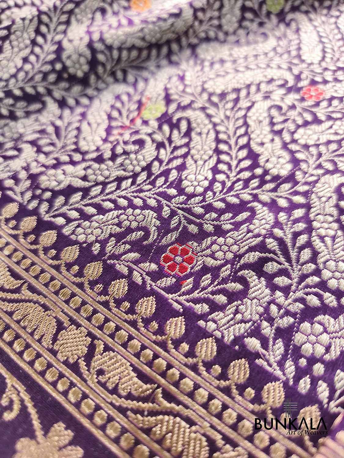 Purple Paisley Leaf Jaal Meenakari Kadwa Handweaved Sona Rupa Banarasi Pure Katan Silk Saree