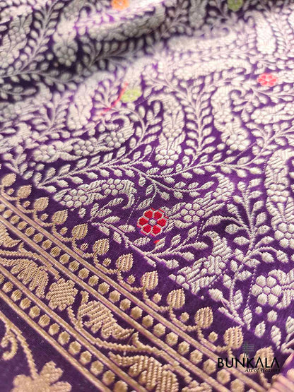 Purple Paisley Leaf Jaal Meenakari Kadwa Handweaved Sona Rupa Banarasi Pure Katan Silk Saree
