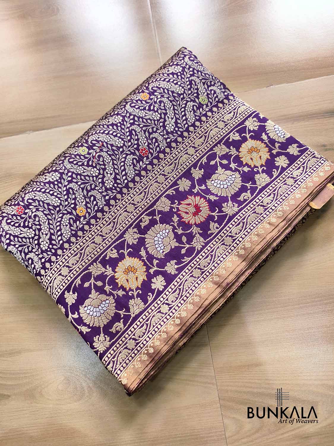 Purple Paisley Leaf Jaal Meenakari Kadwa Handweaved Sona Rupa Banarasi Pure Katan Silk Saree